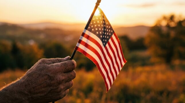 A weathered hand holding a small american flag at sunset