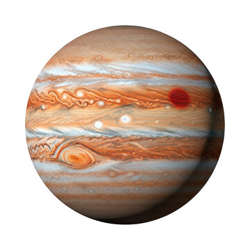 Detailed planet jupiter with its famous red spot showing gas clouds and stormy atmosphere in space isolated on transparent background