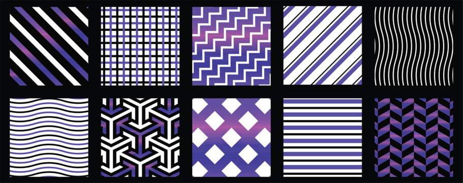Collection of ten purple seamless geometric patterns showcasing isometric interlocking blocks, optical illusions, diagonal stripes, and grid lattices.