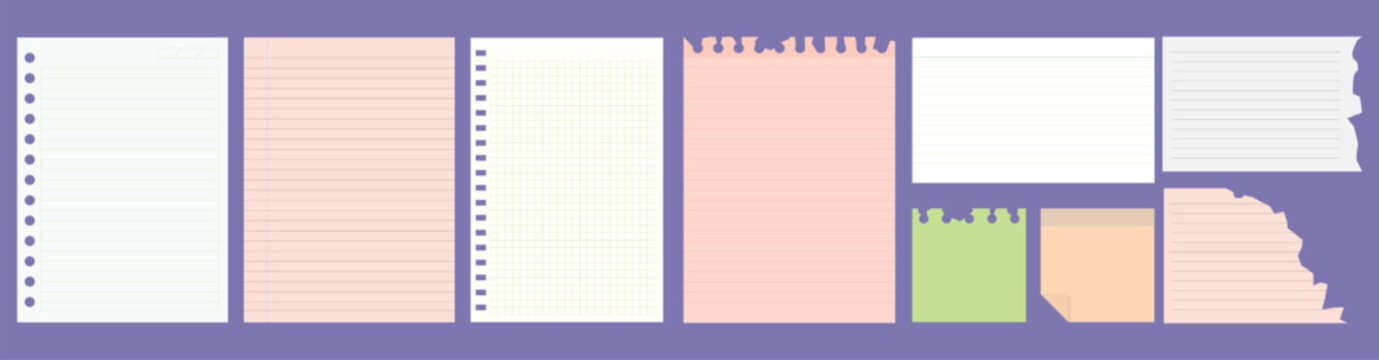 Comprehensive stationery mockup set containing blank paper pages, spiral binder sheets, torn notes, and colorful pastel sticky pads.