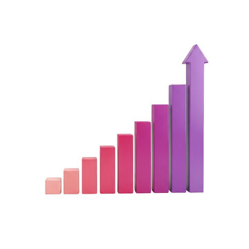 Pink and purple bar chart with an upward arrow showing business growth and positive financial success isolated on transparent background