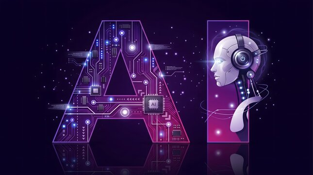 Futuristic ai and human brain technology concept with circuitry and digital interface in neon purple
