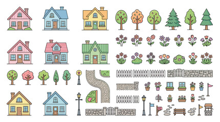 Fototapeta premium Charming Cartoon Houses, Trees, Fences, and Garden Elements Set