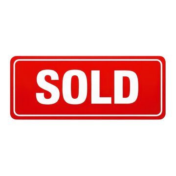 Red rectangular sold sign with bold white letters for real estate and business sales marketing isolated on transparent background