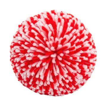Round red and white fluffy pom pom ball made of soft yarn wool for crafts and festive decorations isolated on transparent background