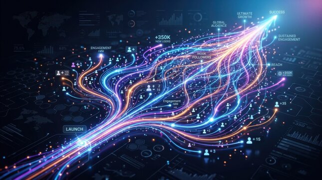 Glowing Data Streams of Digital User Growth and Success Metrics