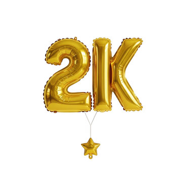 Shiny gold 2k number balloons for social media follower milestone celebration and festive event decor isolated on transparent background
