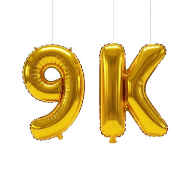 Shiny gold balloon letters forming nine thousand 9k for social media follower milestone celebration isolated on transparent background