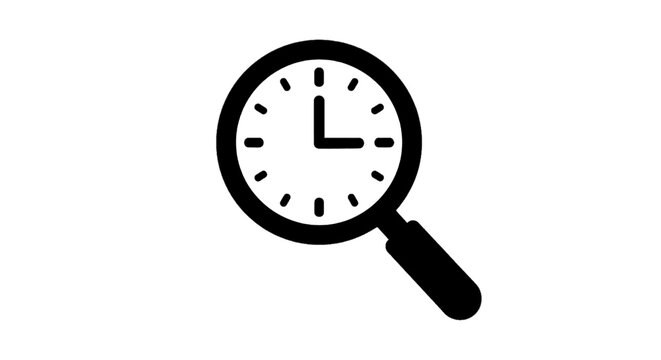 Minimal black silhouette icon, simple flat vector, bold black shape, no gradients, no shading magnifying glass icon with a clock face inside representing time analysis on a, flat icon style