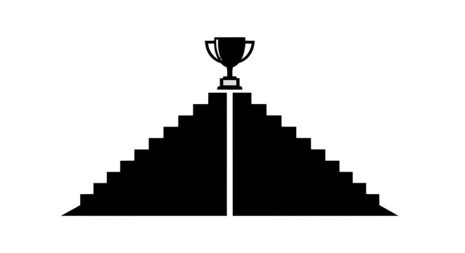 Minimal black silhouette icon, simple flat vector, bold black shape, no gradients, no shading trophy on top of a pyramid of stairs icon on a, flat icon style