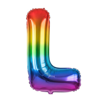 Shiny rainbow colored letter l foil balloon for birthday party celebration and anniversary decoration isolated on transparent background