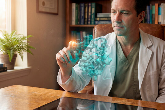 Focused male doctor examining holographic protein molecule structure in research office