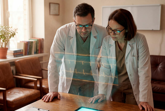 Focused doctors analyzing holographic heart rate chart together in shared clinic office