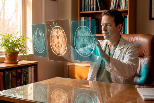 Focused male doctor examining holographic brain scan images in classic medical office