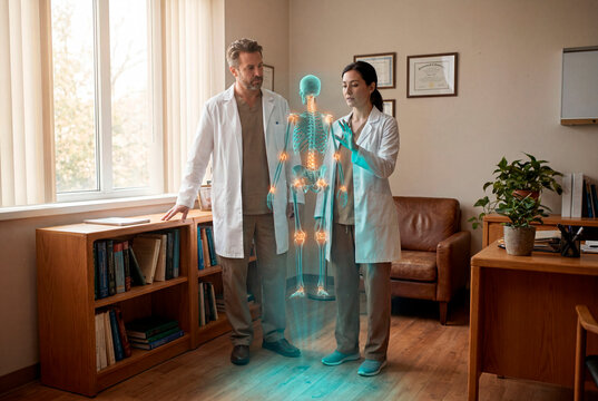 Two doctors examining holographic human skeleton anatomy in modern clinic office
