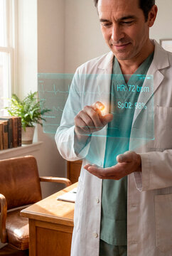 Welcoming male doctor interacting with holographic heart rate display in clinic office