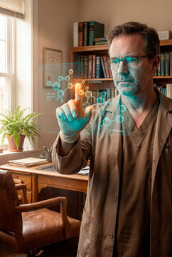Focused male doctor examining holographic molecule structure model in research office