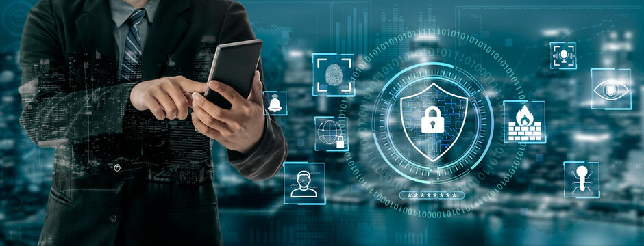 Businessman Using Smartphone with Cybersecurity Icons in Background Representing Data Protection and Online Safety in Modern Digital Environment Quark.