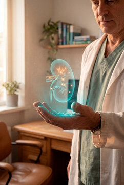 Pensive male doctor holding holographic kidney organ above hand in clinic office