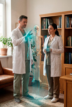 Two doctors discussing holographic human skeleton beside bookshelf in clinic office