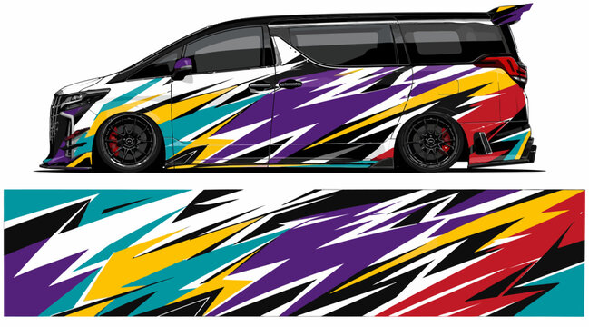 Colorful custom van with dynamic racing graphics design.