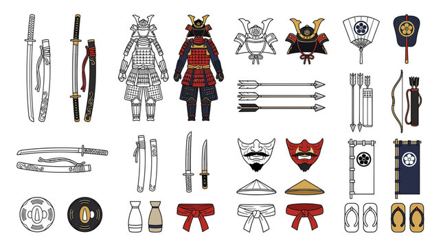 Samurai Warrior Equipment Collection: Armor, Swords, Bows, Masks, and Accessories