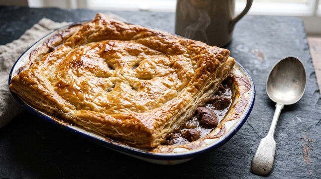 Classic British Steak and Kidney Pie in Dish