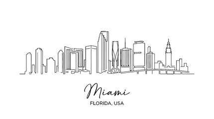 Fototapeta premium Minimalist black and white line illustration of Miami skyline capturing iconic skyscrapers and cityscape in a sleek artistic style