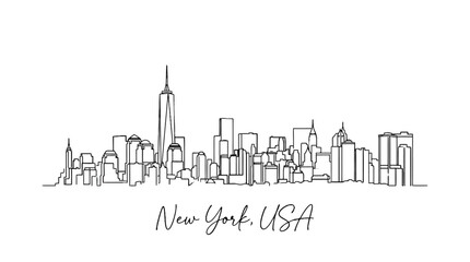 Fototapeta premium Minimalist black and white cityscape outline of New York City skyline with iconic skyscraper and handwritten city name