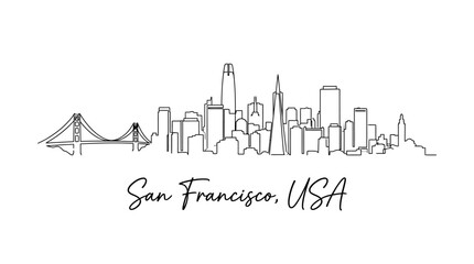 Fototapeta premium Minimalist Line Art Illustration of the San Francisco Skyline Showcasing Iconic Landmarks and Bridge with Elegant Handwritten