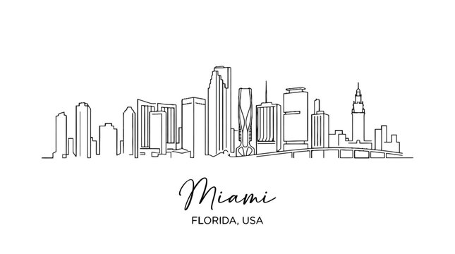 Minimalist black and white line illustration of Miami skyline capturing iconic skyscrapers and cityscape in a sleek artistic style