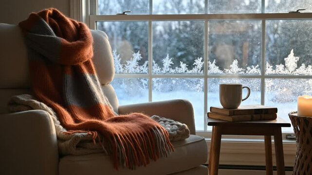 Cozy Winter Afternoon with Hot Drink and Warm Blanket by a Window