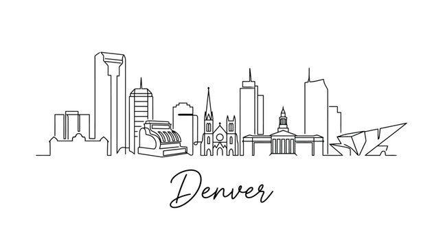Minimalist Line Drawing of the Denver Skyline Featuring Iconic Buildings and Cityscape Elements