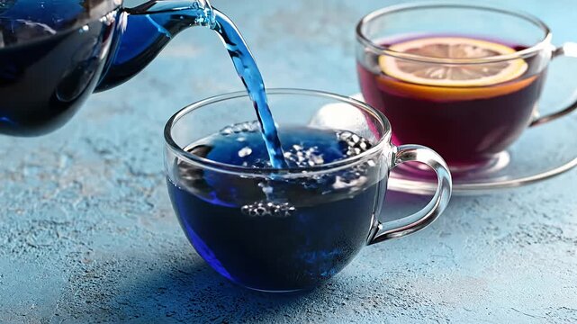 Pouring blue butterfly pea tea from glass teapot into cup.