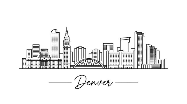 Minimalist black and white line art illustration of denver city skyline featuring iconic skyscrapers and urban landscape