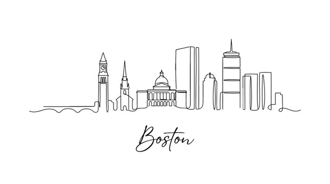 Elegant One-Line Artistic Sketch of Boston Skyline Featuring Iconic Landmarks and Modern Architecture