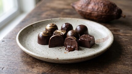 Fototapeta premium Artisan Dominican Chocolate Bonbons on Ceramic Plate