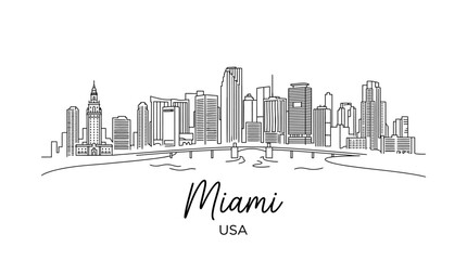 Naklejka premium Elegant minimalist line drawing of Miami skyline showcasing iconic architecture and vibrant urban landscape in a sleek black and
