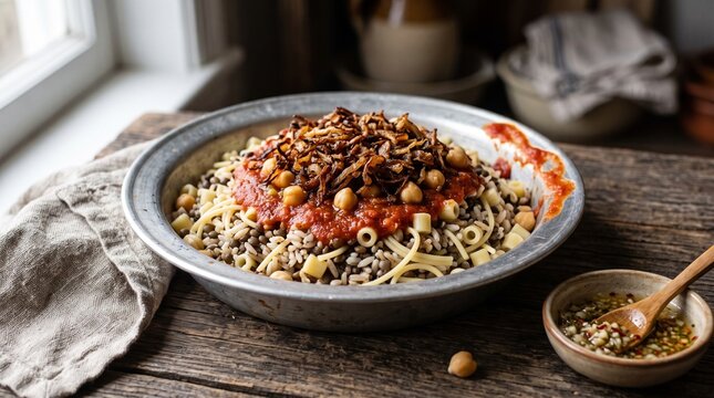 Traditional Egyptian Kushari in Metal Bowl