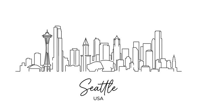 Minimalist Line Drawing of Seattle Skyline Featuring Iconic Landmarks and Cityscape in a Contemporary Artistic Style