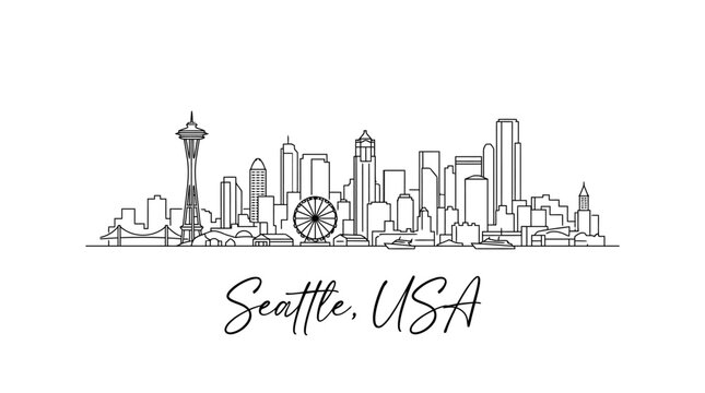 Minimalist Line Art Illustration of the Seattle Skyline with iconic structures and cityscape labeled with location in the United