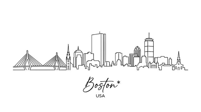Minimalist black and white line art illustration of Boston city skyline showcasing iconic buildings and bridges in a clean