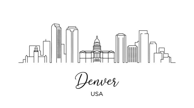 Minimalist line art illustration of the Denver skyline emphasizing architectural diversity and urban profile of downtown