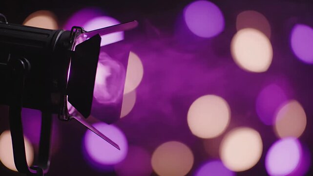 Professional stage spotlight with soft purple bokeh background effects.