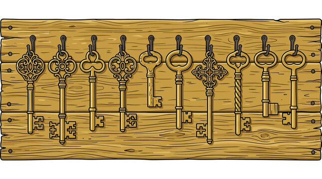 Vintage Skeleton Keys Collection Hanging on Wooden Board