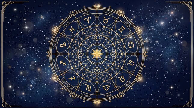 Golden Zodiac Wheel with Horoscope Symbols on Dark Blue Starry Cosmos Background, Celestial Astrology Chart