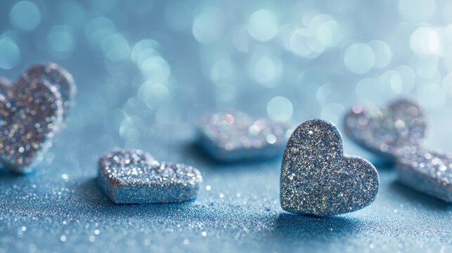 Glitter hearts on a blue background