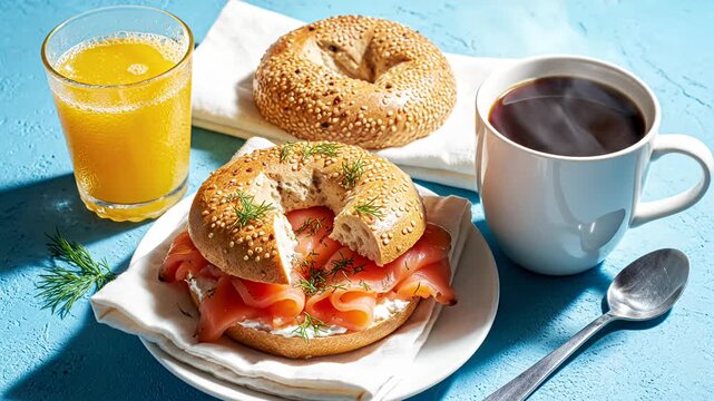 Salmon bagel breakfast with coffee and orange juice.