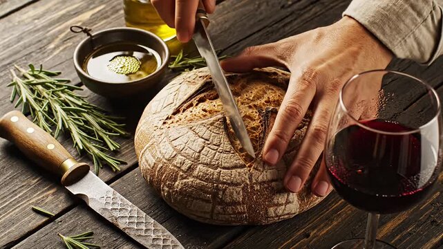 Rustic sourdough bread with red wine and rosemary.