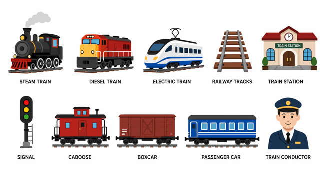 Colorful collection of trains and railway elements illustration.